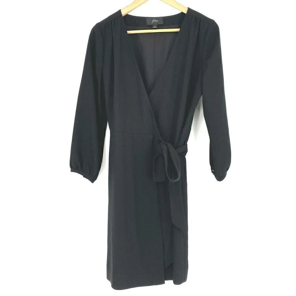 J Crew Dress Size 2 Womens Black Crepe Wrap Career Long Sleeve Knee Length